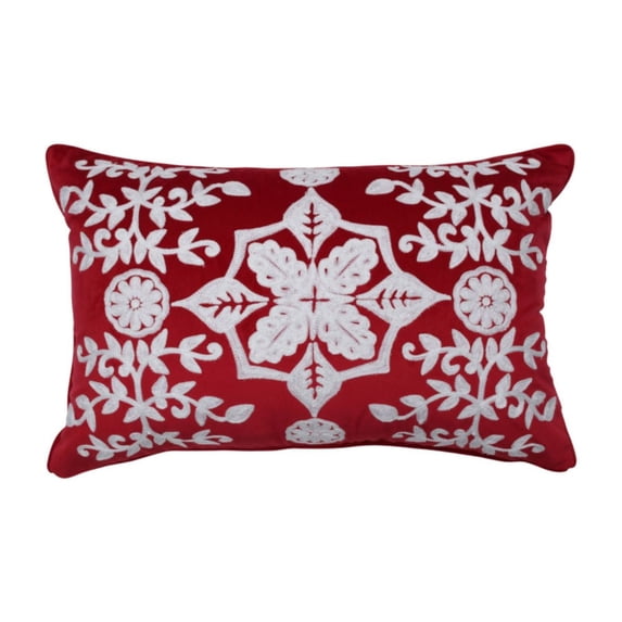 18" Red and White Embroidered Floral Rectangular Throw Pillow