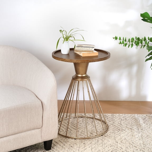 18" Retro Hollow Edge Side Table - Antique Gold Iron & Natural Pine Coffee Table with Floating Design, 110 lb Capacity