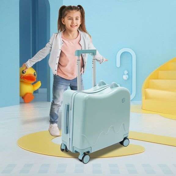 18" Ride-On Suitcase with 4 Universal Wheels, Sky Blue, Rolling Luggage with Lock for 3-6 Years Old