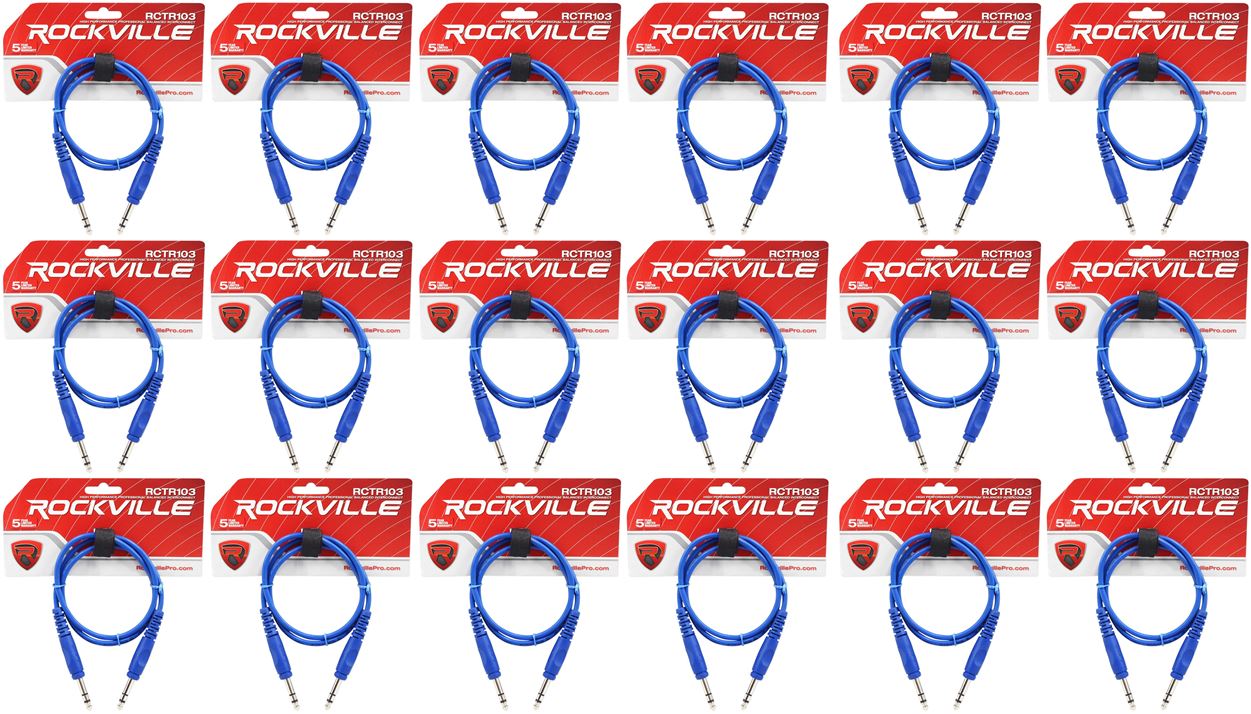 18 Rockville RCTR103BL Blue 3' 1/4'' TRS to 1/4'' TRS Cable 100% Copper