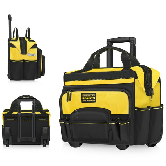 18" Rolling Tool Bag with Wheels, 15-Pocket Heavy Duty Rolling Tool Storage Bag with Retractable Handle for Construction, Carpentry, Repair