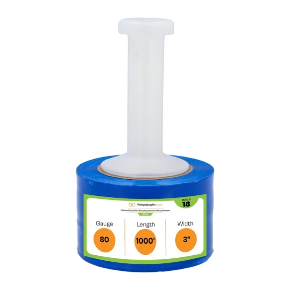 SSBM Mini Stretch Wrap with Reuseable Handle 3" x 1000' 80 Gauge 18 Rolls Blue Plastic Shrink Film for Packaging
