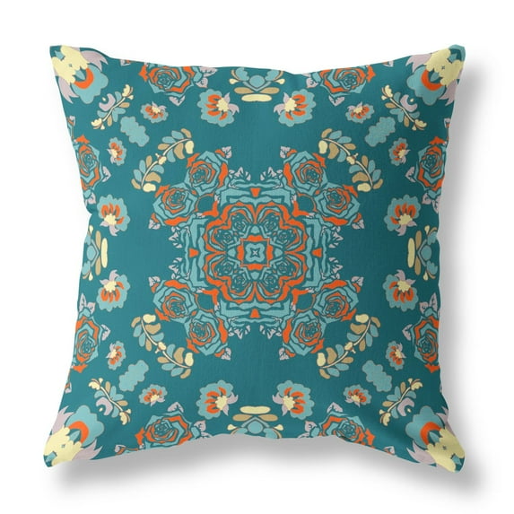 18" Rose Wreath Broadcloth Blown and Closed Pillow in Green Red Fabric
