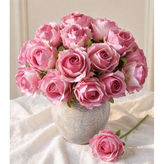 18 Rose-a Pink Silk Artificial Roses with Stems, Wedding Party DIY Centerpiece Decor