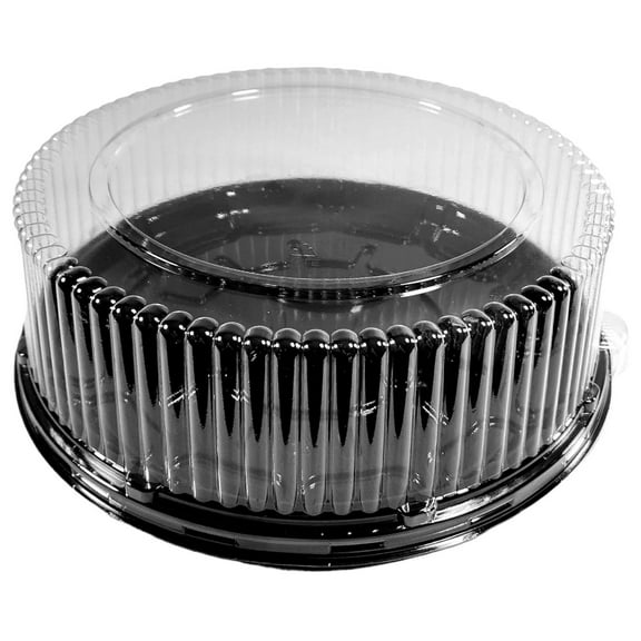 18" Round Black Plastic Cater Trays with Clear Dome Lids - Disposable Stackable Serving Platters for Parties, Holidays, Events, and Buffet (Pack of 5 Sets)