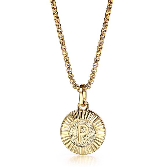 18" Round Gold Plated Initial Letter Pendant Necklace Stainless Steel Box Chain