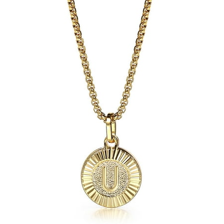 18" Round Gold Plated Initial Letter Pendant Necklace Stainless Steel Box Chain