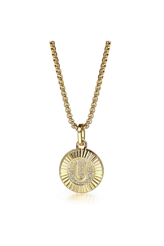 18" Round Gold Plated Initial Letter Pendant Necklace Stainless Steel Box Chain