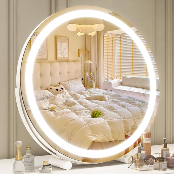 18" Round Lighted Makeup Mirror with 360° Rotation & Dimmable LED Lights for Vanity