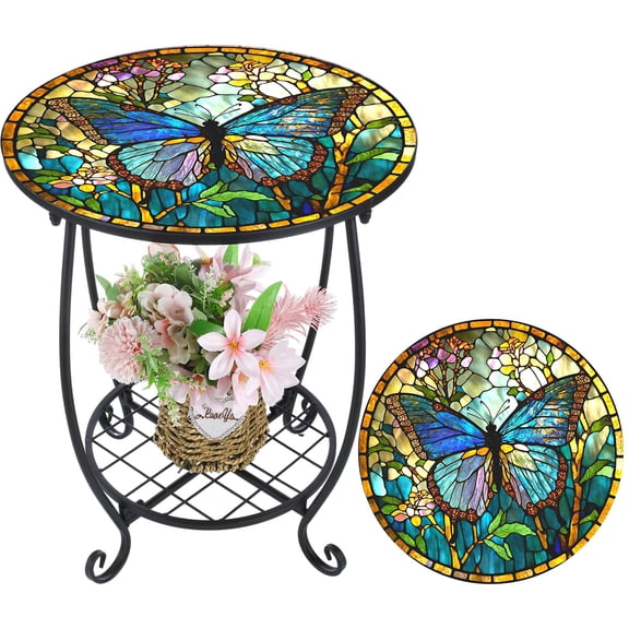 18" Round Mosaic Side Table, Decorative Ceramic Tile Accent Table for Indoor & Outdoor, Spacious End Table & Coffee Table for Living Room, Patio, Porch, Balcony & Garden (Heavy-Duty Metal Base)