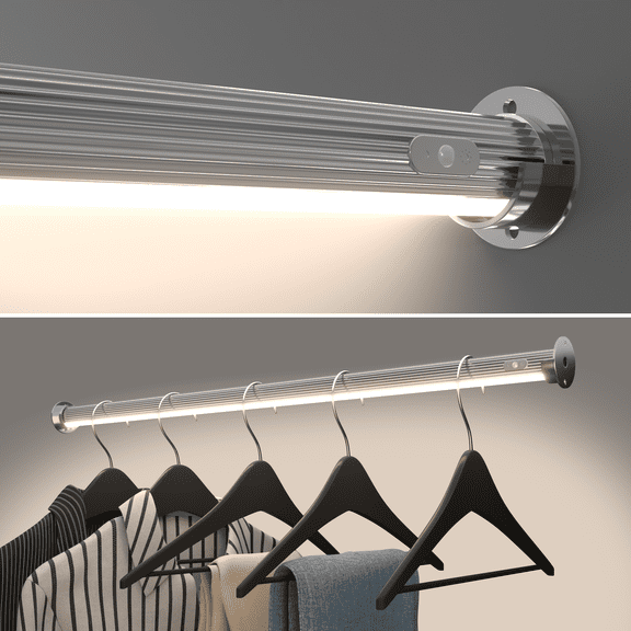 18" Round Ridged LED Closet Hanging Rod in Chrome with PIR Motion Sensor [Power Supply Included]