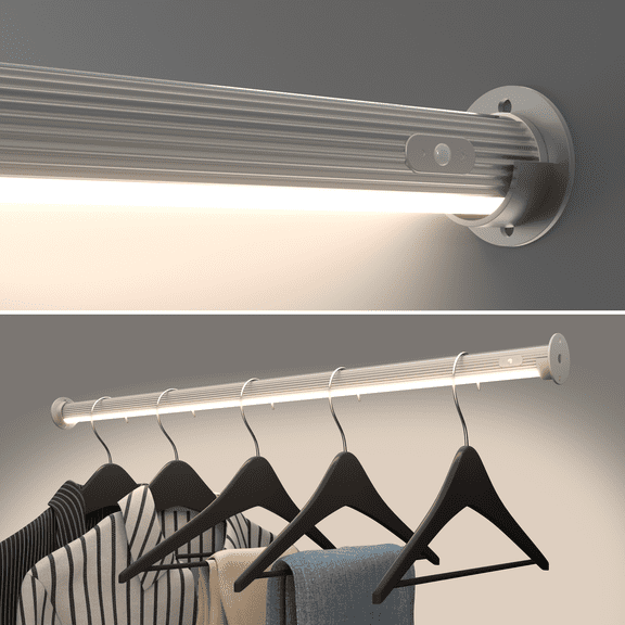 18" Round Ridged LED Closet Hanging Rod in Satin Aluminum with PIR Motion Sensor