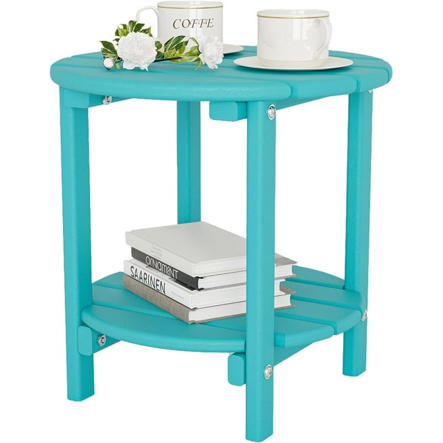 18" Round Small Side Table, Patio Adirondack End Table, 2 Tier Outside Table for Pool, Garden, Beach, Turquoise