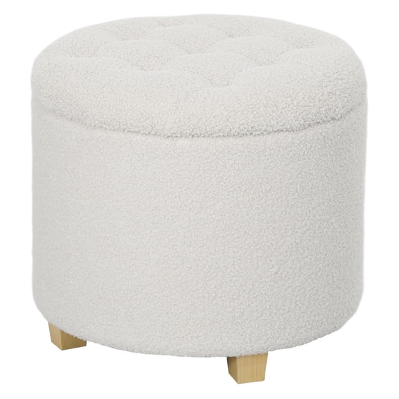 18" Round Storage Ottoman, Teddy Fleece Foot Stool with Lid, White