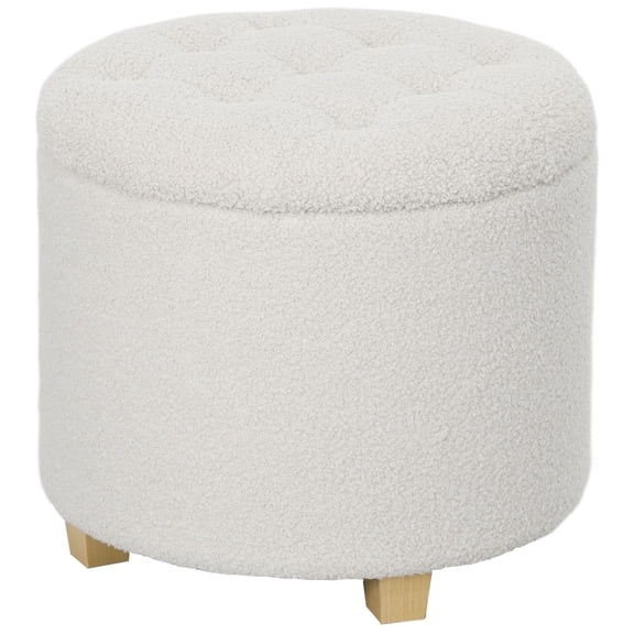 18" Round Storage Ottoman with Tufted Lid, Teddy Fleece Footstool with Wooden Legs for Living Room, Hallway, White