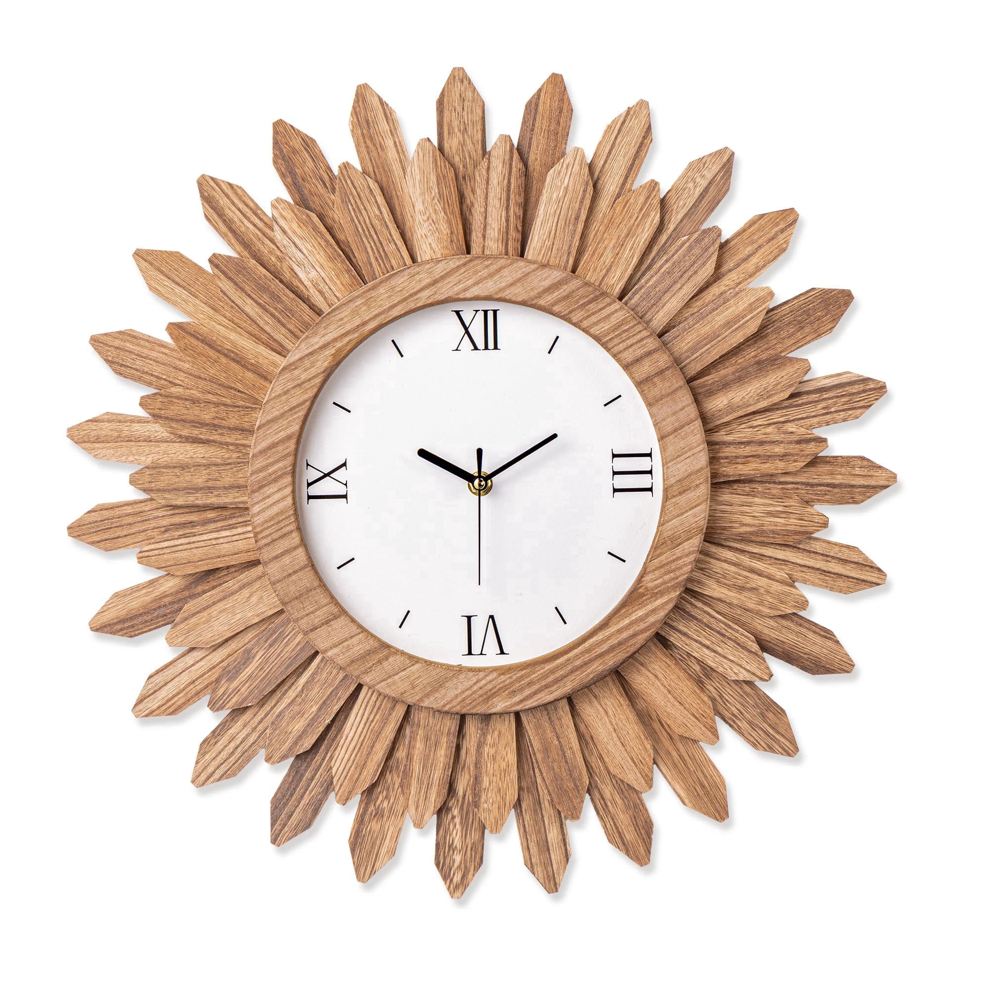 18 In Rustic Wood Boho Sunburst Decorative Wall Clock Silent Non
