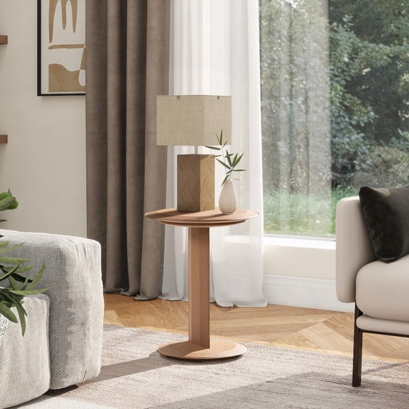 18" Saddle Brown Faux Leather C-Shaped Sofa Side Table, Fully Upholstered