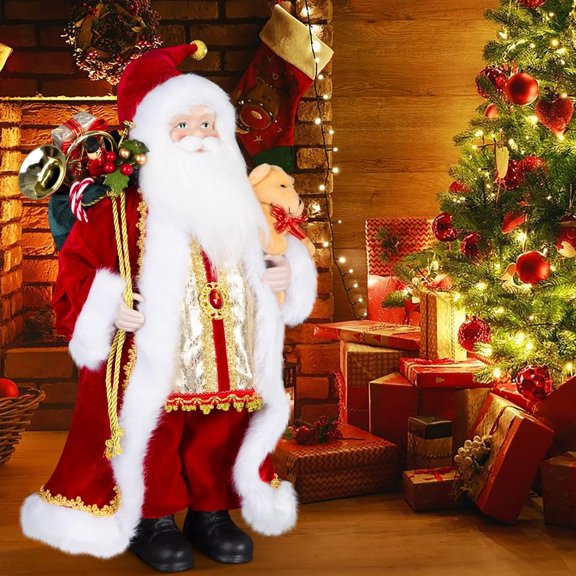18" Santa Claus Decorations, Christmas Standing Figurine Ornaments with Gifts Bag and Small Bear for New Year Christmas Decoration Navidad Natal Gifts.