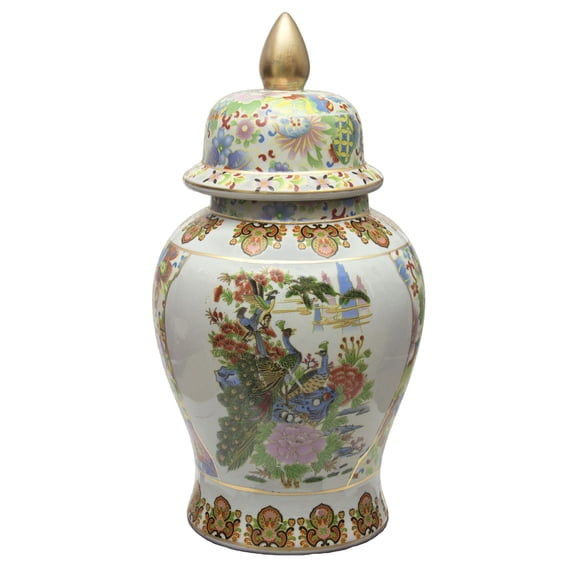 Red Lantern 18" Satsuma Birds & Flowers Porcelain Temple Jar