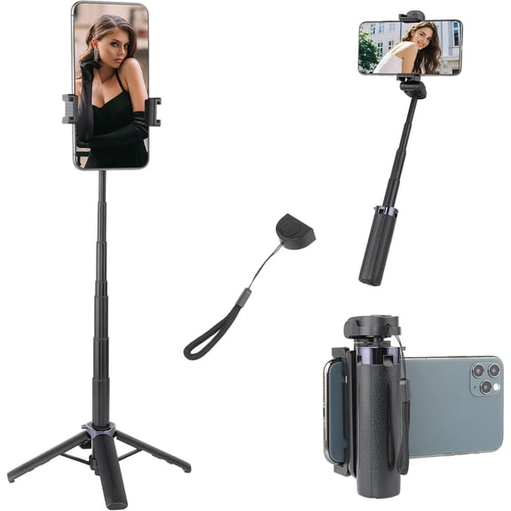 18" Selfie Stick with Wireless Remote, Extendable Selfie Telescopic Stick with Bluetooth Remote, Portable Phone tripods for Live Streaming, Video Recording, Compatible with All Cellphones