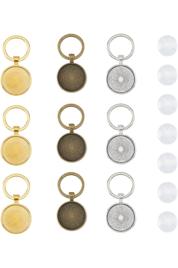 18 Set Cabochon Keychain Kit - 3 Color Alloy Pendant Settings Glass Cabochons DIY Blank Dome Keychain Making Kit for Photo Resin Personalized Crafting Clear