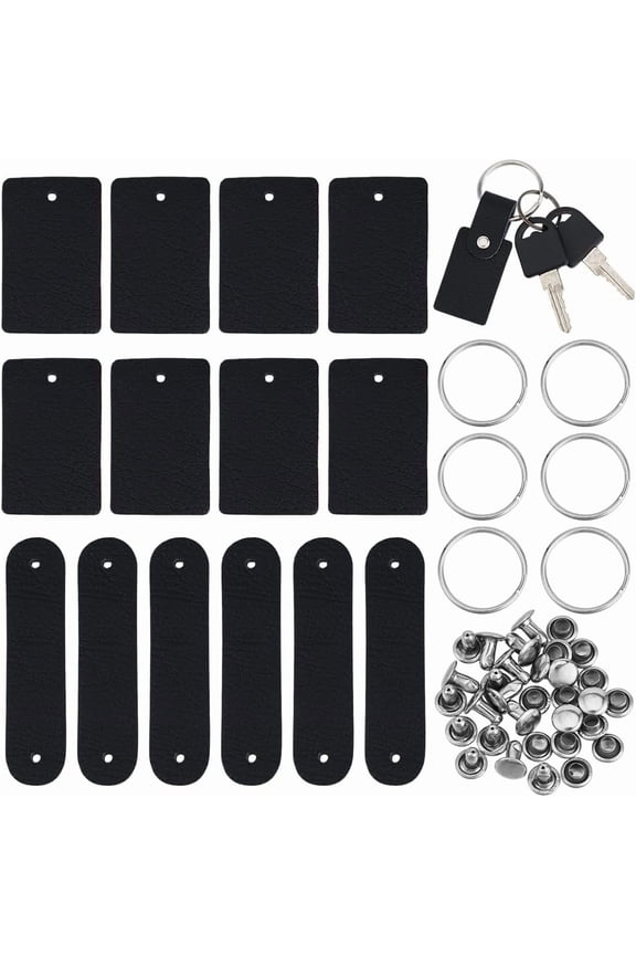 18 Set DIY Black Leather Keychain Making Kits - Rectangular Oval Leather Labels Iron Keychains Rivets - Modern Style - For Teens Adults Mixed Color