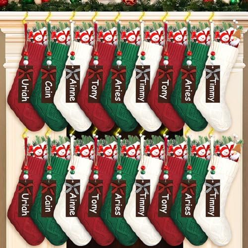 18 Set Lighted Christmas Stockings, 18 Inch Christmas Knit Stockings with Name Tags and Christmas Stocking Holder for Fireplace Mantle, Xmas Hanging Stockings Gifts with Fairy String Lights
