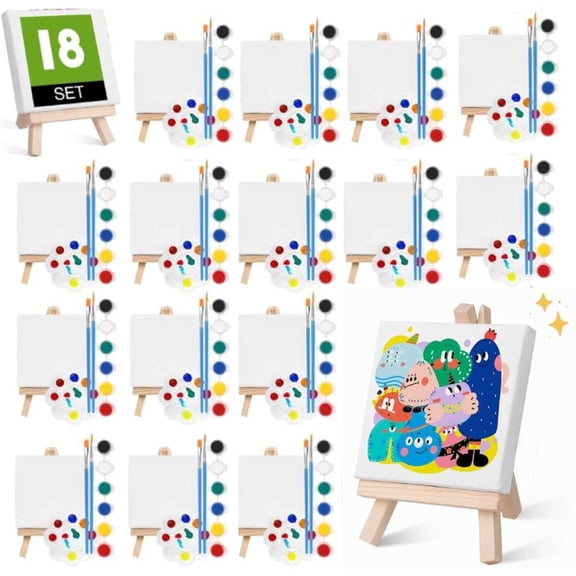 18 Set Mini Paint Kit, Minis Stretched Canvas with Easel,Empty Paint Pots with Lids, Palettes, Painting Brushes, Mini Canvas and Easel Set for Artists Beginner