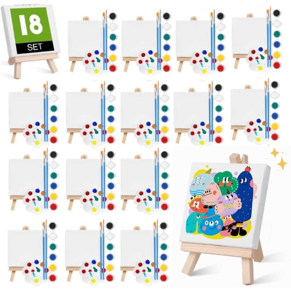 18 Set Mini Acrylic Paint Kit, Minis Stretched Canvas with Easel, Acrylic Paint Strips, Palettes, Painting Brushes, Mini Canvas and Easel Set for Artists Beginner