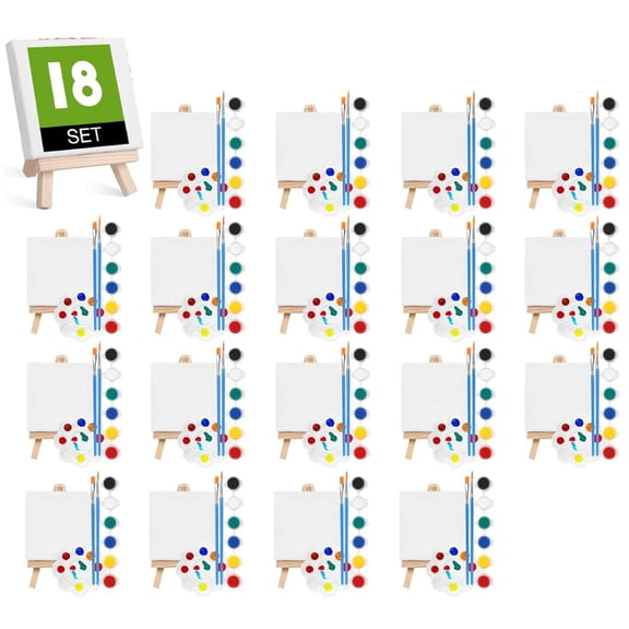 18 Set Mini Canvas for Painting with Wooden Easels, 180 Pcs Art Drawing Kit, 3x3 Canvases, 6 Paint Colors, 2 Brushes, 1 Palette, Complete Art Starter Kit for Beginners, Home, Class or Gift