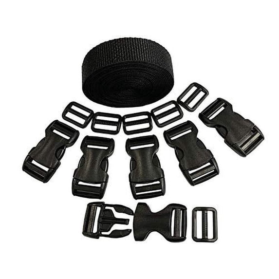 18 Set Plastic 1 Inch Flat Side Release YKK Buckles, Tri-Glide Slides with 1 Roll 5 Yards Nylon Webbing Straps, Great for Pet Collars, Backpack Repairs, Soft Vinyl Pouches. Made in The USA