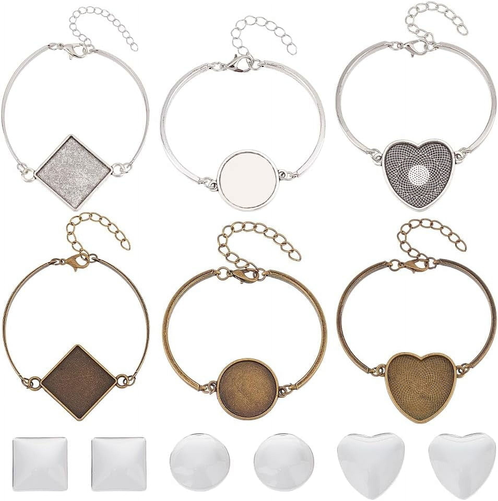 18 Sets 6 Styles Adjustable Bracelet Bezel Settings Kit Heart Square Half Round Alloy Blank Tray Bracelet with Glass Cabochons DIY Photo Bracelet for Slide Bracelet Jewelry Making