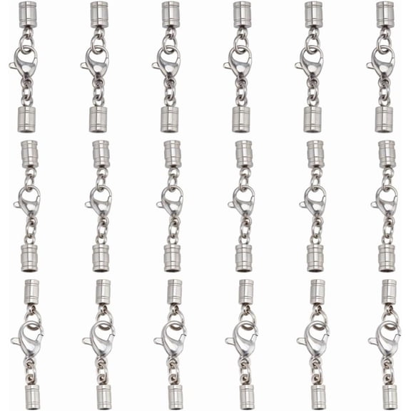 18 Sets Leather Cord End Caps Stainless Steel Crimp Cord End Caps with Lobster Clasp End Tip with Loop Ring Connector