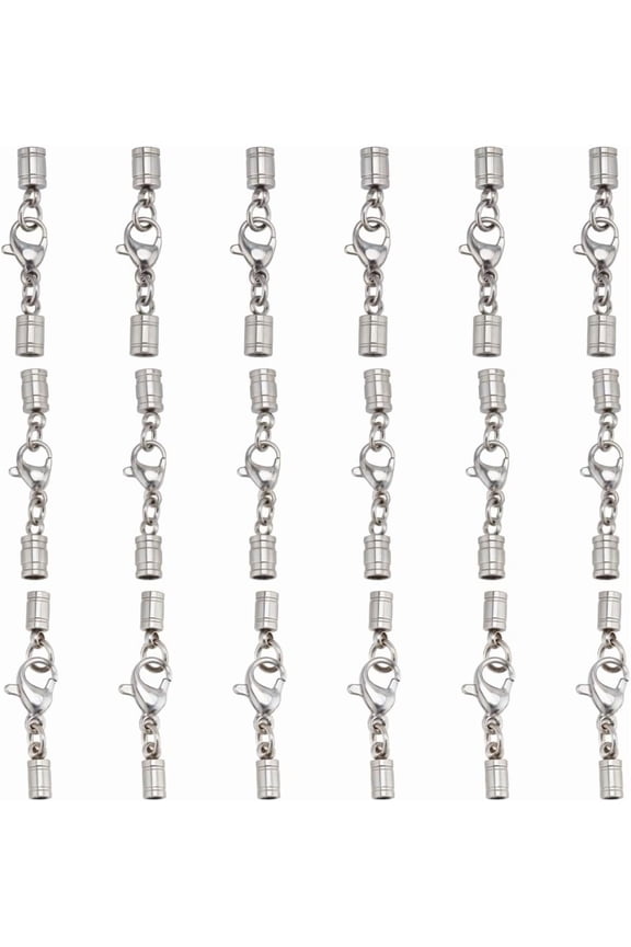 18 Sets Leather Cord End Caps Stainless Steel Crimp Cord End Caps with Lobster Clasp End Tip with Loop Ring Connector