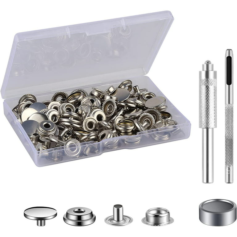 18 Sets Press Studs Cap Button, Stainless Steel Snap Fasteners Kit with  Hand Fixing Tools, Instant Metal Buttons No-Sew Clips Snap for Bags, Jeans,  Clothes, Fabric, Leather Craft(Silver) 