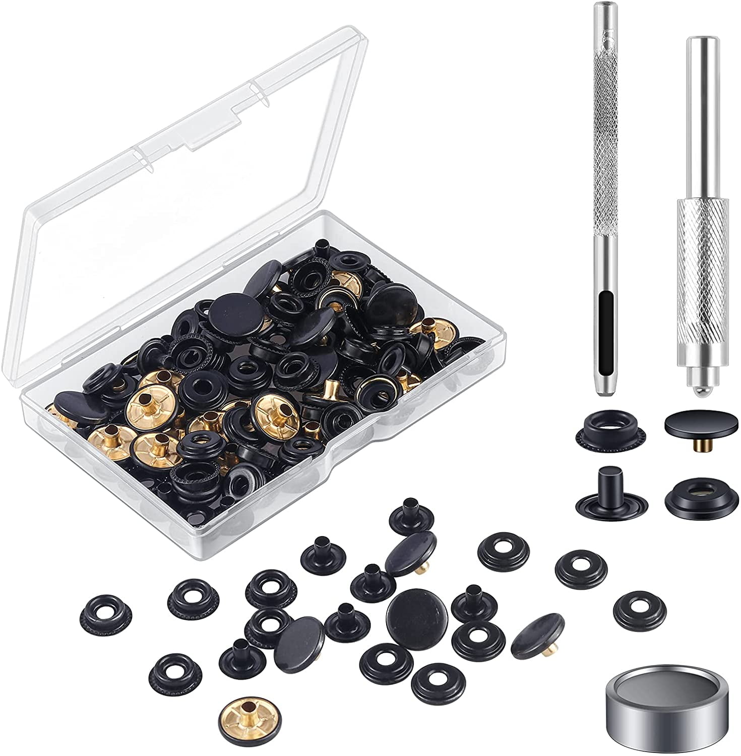 18 Sets Press Studs Cap Button, Stainless Steel Snap Fasteners Kit with  Hand Fixing Tools, Instant Metal Buttons No-Sew Clips Snap for Bags, Jeans,  Clothes, Fabric, Leather Craft(Black) 