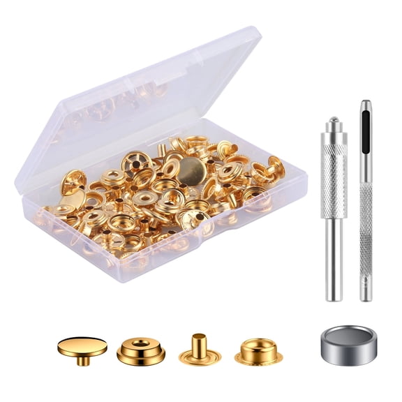 18 Sets Press Studs Cap Button, Stainless Steel Snap Fasteners Kit with Hand Fixing Tools, Instant Metal Buttons No-Sew Clips Snap for Bags, Jeans, Clothes, Fabric, Leather Craft(Gold)