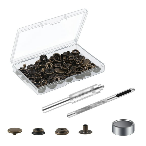 18 Sets Press Studs Cap Button, Stainless Steel Snap Fasteners Kit with Hand Fixing Tools, Instant Metal Buttons No-Sew Clips Snap for Bags, Jeans, Clothes, Fabric, Leather Craft(Bronze)