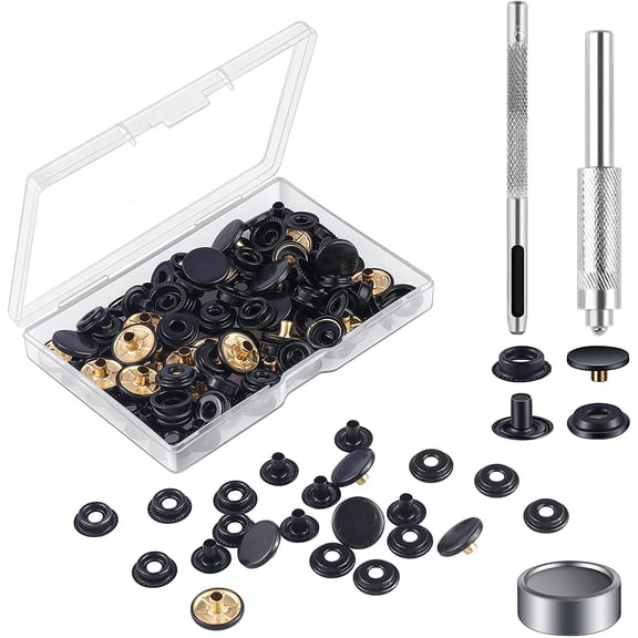 18 Sets Press Studs Cap Button, Stainless Steel Snap Fasteners Kit with Hand Fixing Tools, Instant Metal Buttons No-Sew Clips Snap for Bags, Jeans, Clothes, Fabric, Leather Craft(Black)