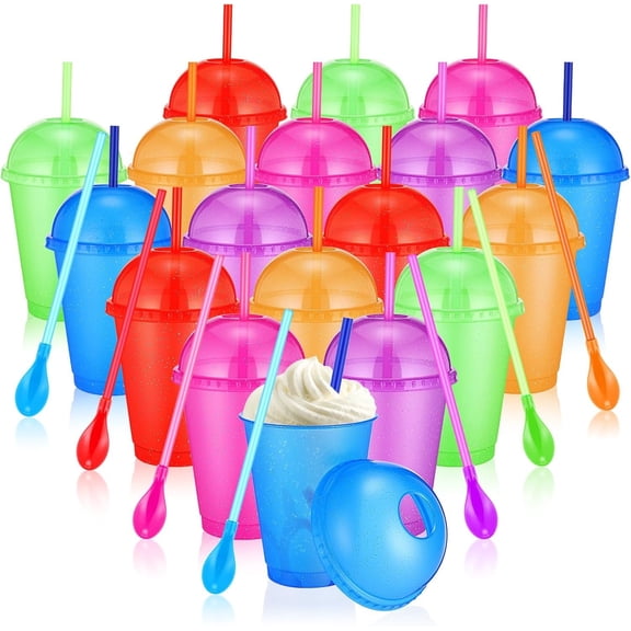 18 Sets Slushie Plastic Cups with Dome Lid and Spoon Straws 16oz Slushy Smoothie Tumbler Parfait Cups Bulk for Yogurt Milkshake Beverage Iced Coffee Summer Party Supplies (6 Colors)