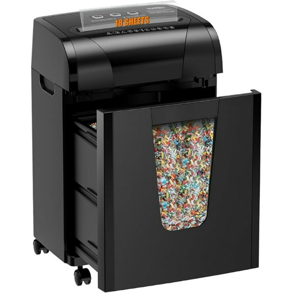 18-Sheet Cross Cut Paper Shredder, Office Shredder with 5.28 Gallon Pullout Bin, 45 Mins, Insert Auto Jam Proof System for Home Office Use, Black