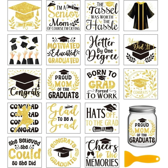 18 Sheets 3.9x3.6inch Graduation Rub on Transfer Colorful Graduation Cap Vase Home Decals Gold Text Words Cup Transfer Stickers for Furniture Vase Glass Art Crafts Decorations colorful DIY