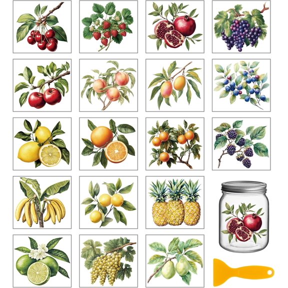 18 Sheets 3.9x3.6inch Vintage Fruit Rub on Transfer Colorful Strawberry Lemon Vase Home Decals Retro Grapes Cup Transfer Stickers