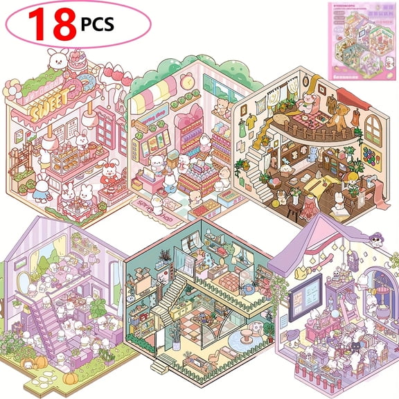 18 Sheets 3D Mini Book Scene Stickers, Magic Classroom, Animal Convenience Store, Dessert House, Cat Apartment, Tailor Shop, Bedroom, PET Scrapbooking Sticker Set, Craft Decals