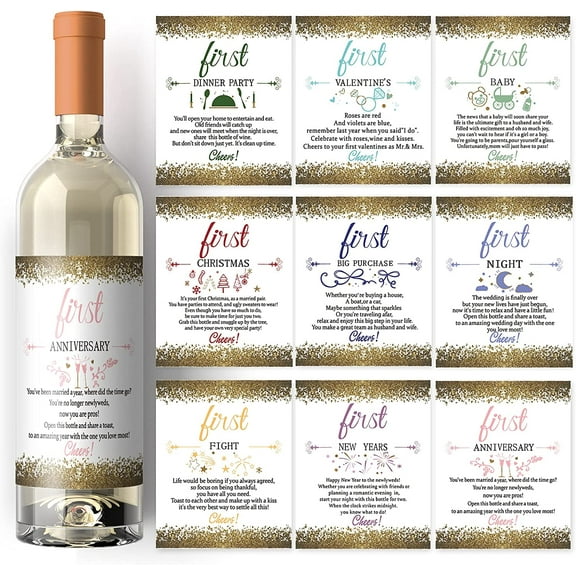 18 Sheets 9 Patterns Coated Paper Adhesive Sticker Wine Bottle Adhesive Label Anniversary Theme Rectangle Mixed Patterns 12.5x10cm for Handmade
