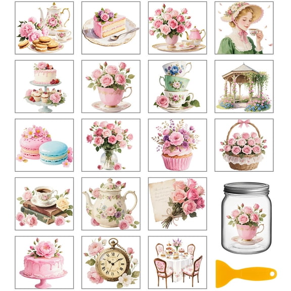 18 Sheets Afternoon Tea Rub on Transfers Pink Peonies Flowers Waterproof UV DTF Cup Wraps Decals 3.9x3.6inch Teacup Transfer Stickers
