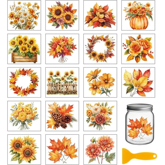 18 Sheets Autumn Flowers Rub on Transfers for Crafts Thanksgiving Plants Waterproof UV DTF Cup Wraps Fall Florals and Leaves Decals Stickers for Water Glass Bottle Vase Porcelain Plastic