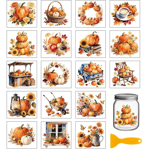 18 Sheets Autumn Pumpkin Rub on Transfers for Crafts Fall Thanksgiving Florals Waterproof UV DTF Cup Wraps Decals Stickers for Water Glass Bottle Vase Porcelain Plastic