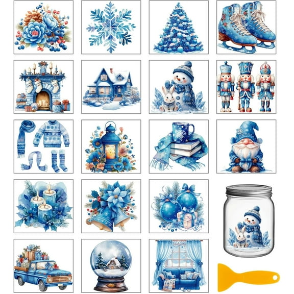 18 Sheets Blue Winter Rub on Transfers Sticker for Vase 3.9x3.6inch Christmas Snowman Snowflakes UV Cup Wraps Decals Magic Fairytale Transfer Stickers for Furniture Glass Bottle Decors Plastic