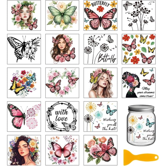 18 Sheets Butterfly Woman Rub on Transfer 3.9x3.6inch Colorful Dandelion Flowers Lady Home Decals Woman Flower Cup Transfer Decals